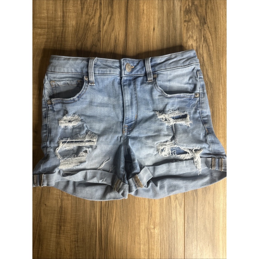 Aeropostal High Rise Midi Women's Shorts Size 6‎ Ripped Light Wash Blue